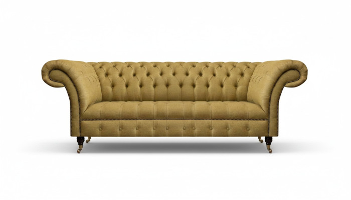 Canapé Chesterfield jaune pour salon, trois places, mobilier luxueux et élégant