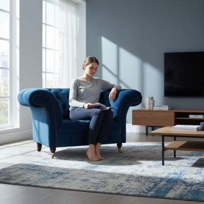 Fauteuil Chesterfield bleu marine, fauteuil design rembourré pour salon.