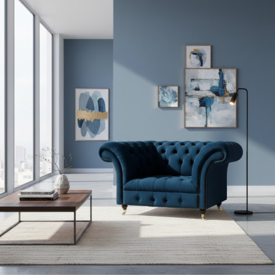 Fauteuil Chesterfield bleu marine, fauteuil design rembourré pour salon.