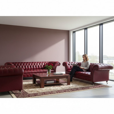 Garniture en cuir Chesterfield rouge foncé Canapés en cuir de designer Banquettes