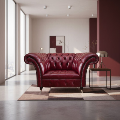 Chesterfield fauteuil rouge de salon, fauteuil design en cuir, 1 place.