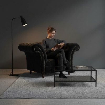 Chesterfield fauteuil noir en tissu meublant salon, 1 place, neuf