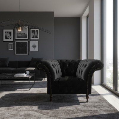 Chesterfield fauteuil noir en tissu meublant salon, 1 place, neuf