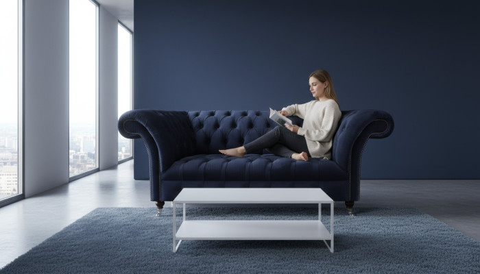 Canapé rembourré Chesterfield bleu foncé pour salon Sofa en tissu Mobilier moderne