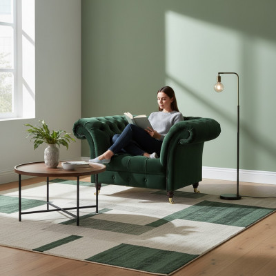 Fauteuil Chesterfield vert émeraude en tissu pour le salon.