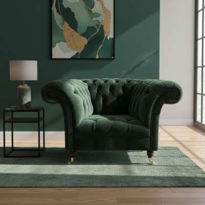 Fauteuil Chesterfield vert émeraude en tissu pour le salon.