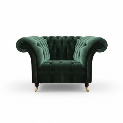 Fauteuil Chesterfield vert émeraude en tissu pour le salon.