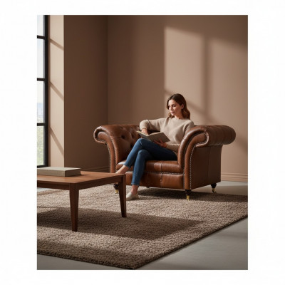 Chesterfield fauteuil en cuir brun salon simili cuir fauteuil simple meuble