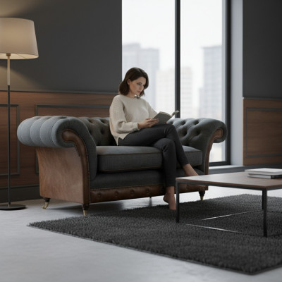 Fauteuil Chesterfield uni beige-brun pour salon en tissu.
