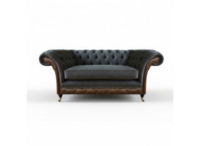 Fauteuil Chesterfield uni beige-brun pour salon en tissu.