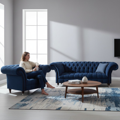Salon bleu foncé 3 places canapé designer fauteuil élégant ensemble 2 pièces