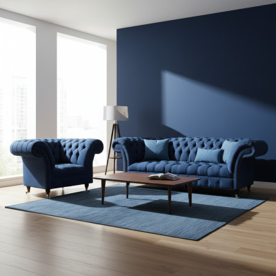 Salon bleu foncé 3 places canapé designer fauteuil élégant ensemble 2 pièces