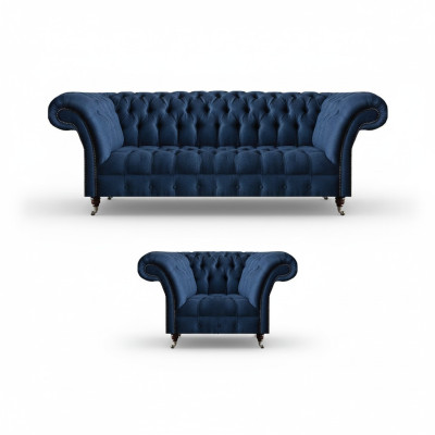 Salon bleu foncé 3 places canapé designer fauteuil élégant ensemble 2 pièces