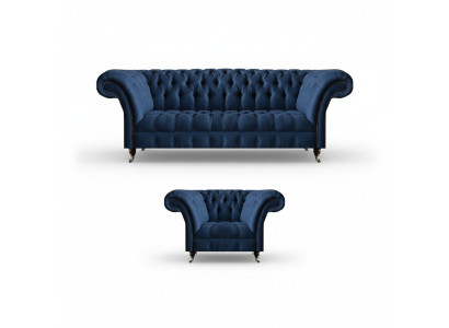 Salon bleu foncé 3 places canapé designer fauteuil élégant ensemble 2 pièces