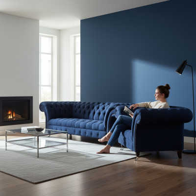 Ensemble de canapé bleu Chesterfield en tissu, canapés trois places et deux places, ensemble de 2 pièces.