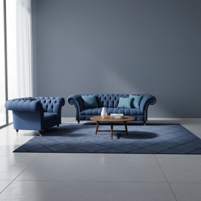 Ensemble de canapé bleu Chesterfield en tissu, canapés trois places et deux places, ensemble de 2 pièces.
