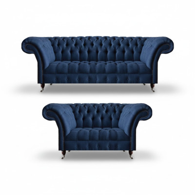 Ensemble de canapé bleu Chesterfield en tissu, canapés trois places et deux places, ensemble de 2 pièces.