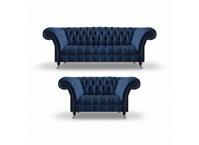 Ensemble de canapé bleu Chesterfield en tissu, canapés trois places et deux places, ensemble de 2 pièces.