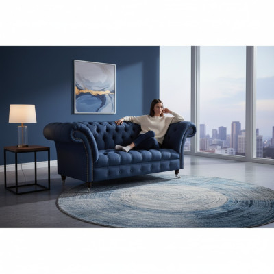 Chesterfield élégant canapé deux places en tissu bleu pour salon