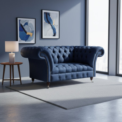 Chesterfield élégant canapé deux places en tissu bleu pour salon