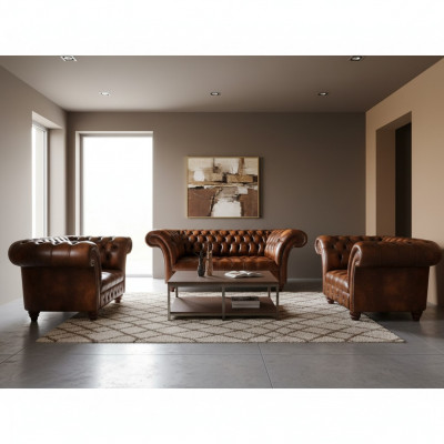Salon marron en chesterfield avec deux fauteuils en cuir et un élégant canapé trois places.