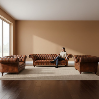 Chesterfield ensemble en cuir brun salon canapés en cuir 3 pièces