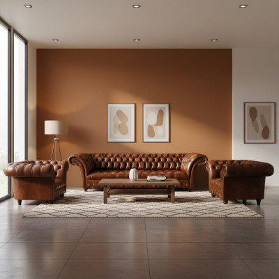 Chesterfield ensemble en cuir brun salon canapés en cuir 3 pièces