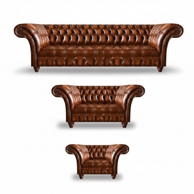 Chesterfield ensemble en cuir brun salon canapés en cuir 3 pièces