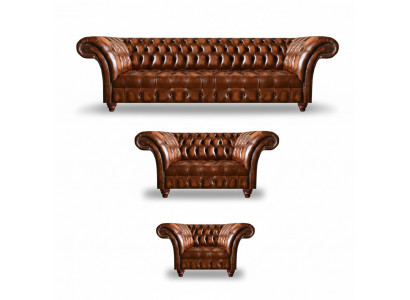 Chesterfield ensemble en cuir brun salon canapés en cuir 3 pièces