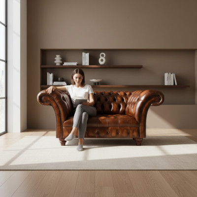 Nouveau canapé Chesterfield trois places en cuir brun élégant pour salon.