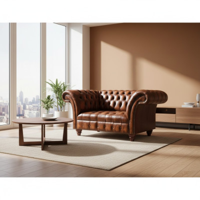 Nouveau canapé Chesterfield trois places en cuir brun élégant pour salon.