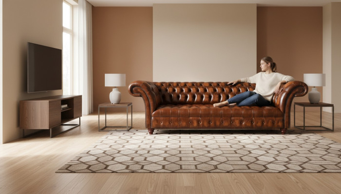 Canapé Chesterfield en cuir synthétique brun, meuble d'assise de designer élégant.