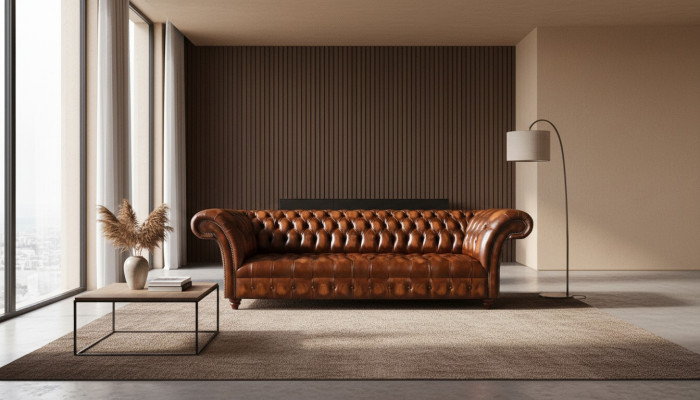 Canapé Chesterfield en cuir synthétique brun, meuble d'assise de designer élégant.