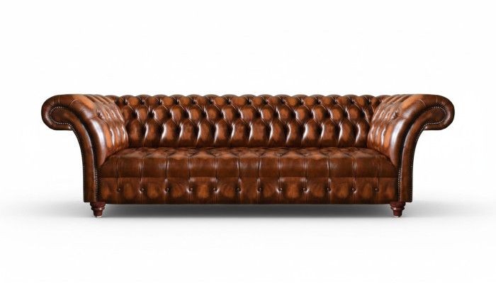 Canapé Chesterfield en cuir synthétique brun, meuble d'assise de designer élégant.