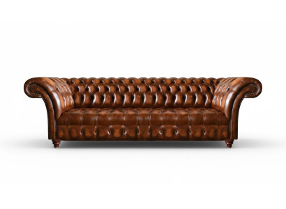 Canapé Chesterfield en cuir synthétique brun, meuble d'assise de designer élégant.