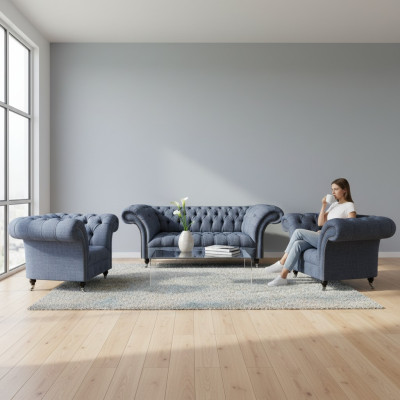 Canapé Chesterfield Meubles de salon gris 2 fauteuils 3 places