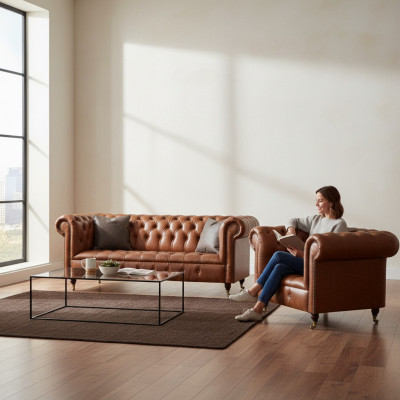 Ensemble de canapés Chesterfield en cuir marron élégant, ensemble complet 2 pièces.