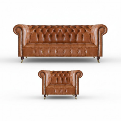 Ensemble de canapés Chesterfield en cuir marron élégant, ensemble complet 2 pièces.