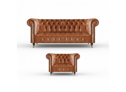 Ensemble de canapés Chesterfield en cuir marron élégant, ensemble complet 2 pièces.