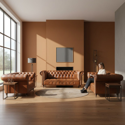 Canapés Chesterfield en cuir marron, mobilier de salon design, ensemble de 3 pièces.