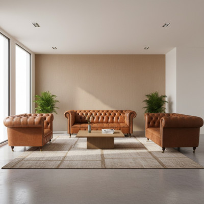 Canapés Chesterfield en cuir marron, mobilier de salon design, ensemble de 3 pièces.