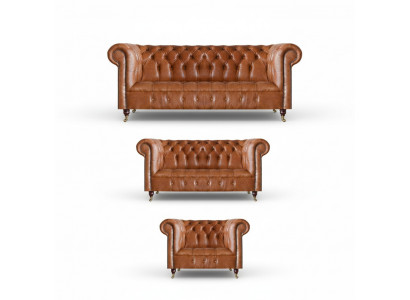 Canapés Chesterfield en cuir marron, mobilier de salon design, ensemble de 3 pièces.