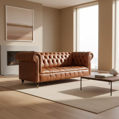 Chesterfield canapé en cuir marron trois places pour salon, élégants canapés.