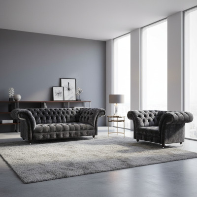 Chesterfield meubles rembourrés salon textile canapé trois places fauteuil noble ensemble de 2 pièces