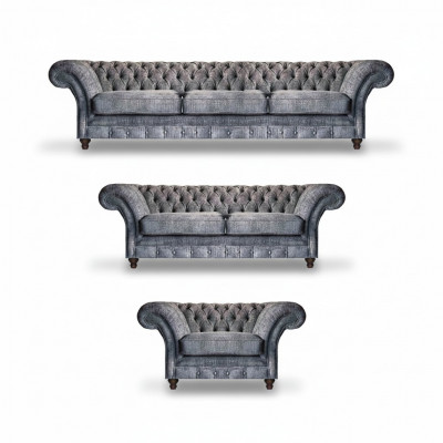 Chesterfield, ensemble de meubles en textile gris pour le salon, canapés et sofas design.