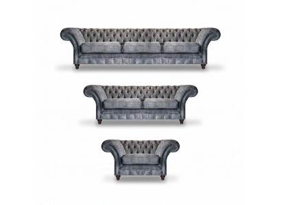 Chesterfield, ensemble de meubles en textile gris pour le salon, canapés et sofas design.