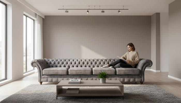 Élégant canapé Chesterfield salon quatre places designer neuf.