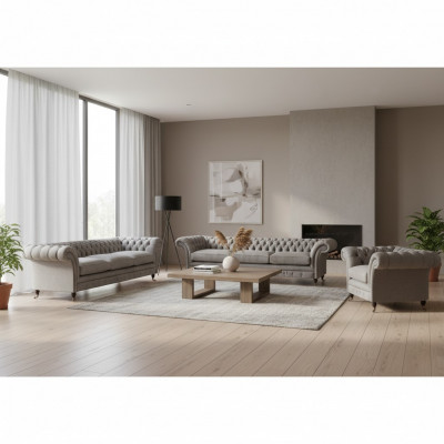 Ensemble de canapés Chesterfield en tissu gris clair pour salon meubles rembourrés.