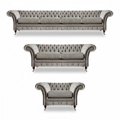 Ensemble de canapés Chesterfield en tissu gris clair pour salon meubles rembourrés.