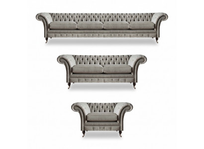 Ensemble de canapés Chesterfield en tissu gris clair pour salon meubles rembourrés.